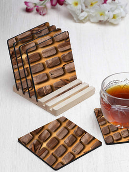 Chocolate Pattern Designer Printed Square Tea Coasters With Stand (MDF Wooden, Set Of 6 Pieces Coaster And 1 Stand)