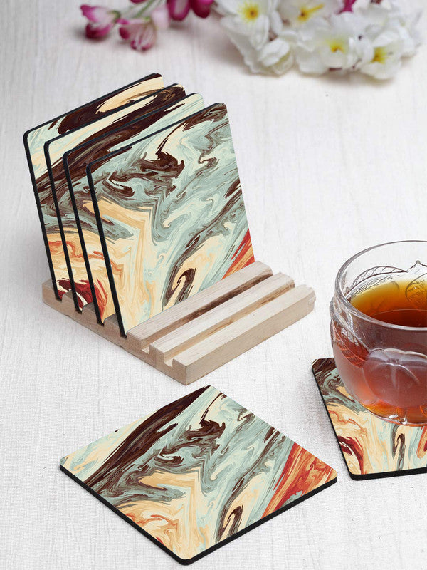 Marble Pattern Designer Printed Square Tea Coasters With Stand (MDF Wooden, Set Of 6 Pieces Coaster And 1 Stand)