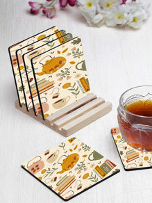 Printed Tea Time Pattern Designer Printed Square Tea Coasters With Stand (MDF Wooden, Set Of 6 Pieces Coaster And 1 Stand)