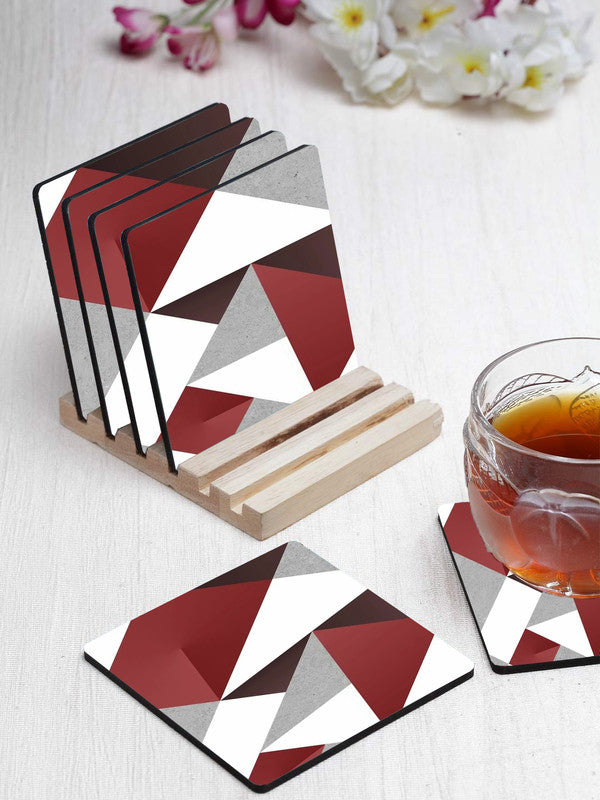 Red And Gray Pattern Designer Printed Square Tea Coasters With Stand (MDF Wooden, Set Of 6 Pieces Coaster And 1 Stand)