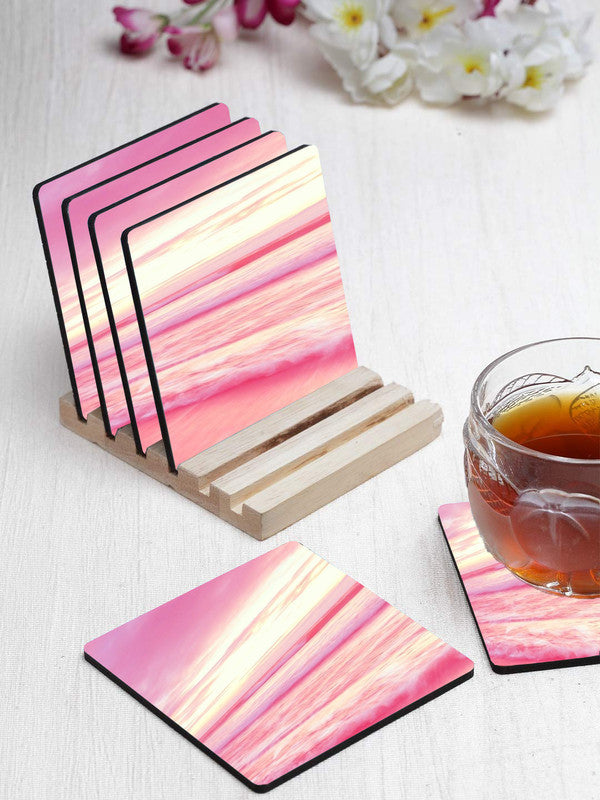 Printed Aesthetic Sunset Pattern Designer Printed Square Tea Coasters With Stand (MDF Wooden, Set Of 6 Pieces Coaster And 1 Stand)