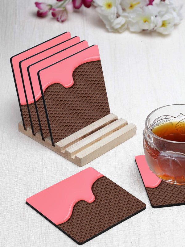 Printed Ice Cream Pattern Designer Printed Square Tea Coasters With Stand (MDF Wooden, Set Of 6 Pieces Coaster And 1 Stand)