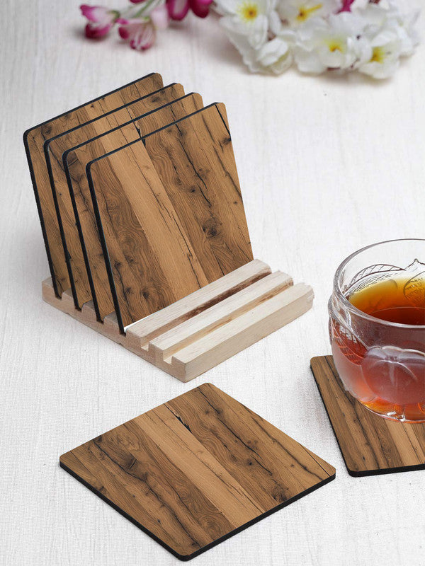 Printed Wood Pattern Designer Printed Square Tea Coasters With Stand (MDF Wooden, Set Of 6 Pieces Coaster And 1 Stand)
