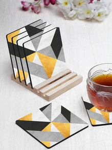 Gold And Gray Pattern Designer Printed Square Tea Coasters With Stand (MDF Wooden, Set Of 6 Pieces Coaster And 1 Stand)