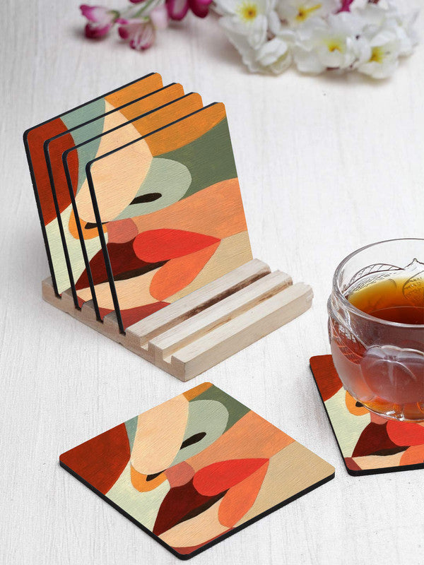 Abstract Art Designer Printed Square Tea Coasters With Stand (MDF Wooden, Set Of 6 Pieces Coaster And 1 Stand)