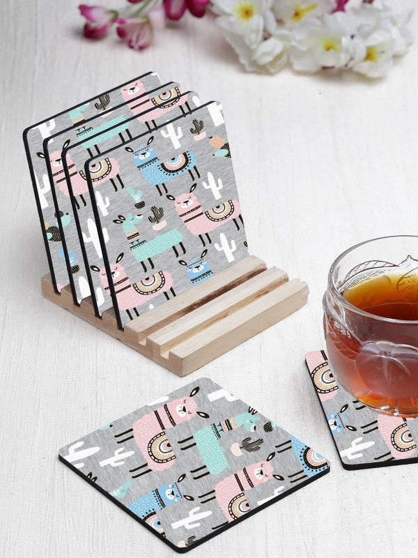 Llama Pattern Designer Printed Square Tea Coasters With Stand (MDF Wooden, Set Of 6 Pieces Coaster And 1 Stand)
