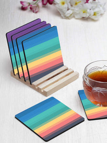 Printed Rainbow Colorful Pattern Designer Printed Square Tea Coasters With Stand (MDF Wooden, Set Of 6 Pieces Coaster And 1 Stand)