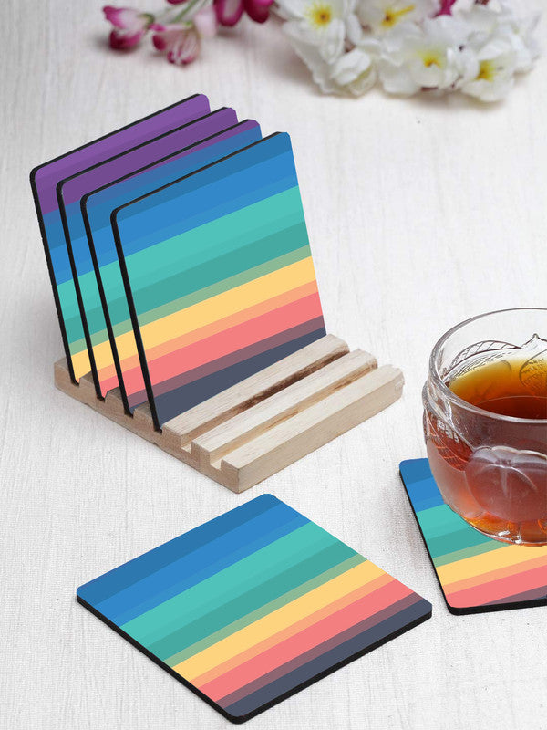 Printed Rainbow Colorful Pattern Designer Printed Square Tea Coasters With Stand (MDF Wooden, Set Of 6 Pieces Coaster And 1 Stand)