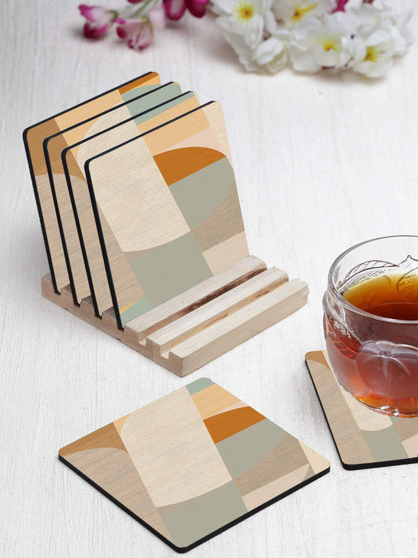 Brown Pattern Designer Printed Square Tea Coasters With Stand (MDF Wooden, Set Of 6 Pieces Coaster And 1 Stand)