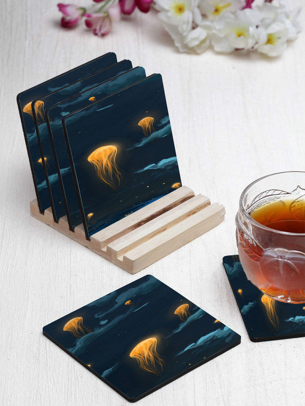 Jellyfish Designer Printed Square Tea Coasters With Stand (MDF Wooden, Set Of 6 Pieces Coaster And 1 Stand)