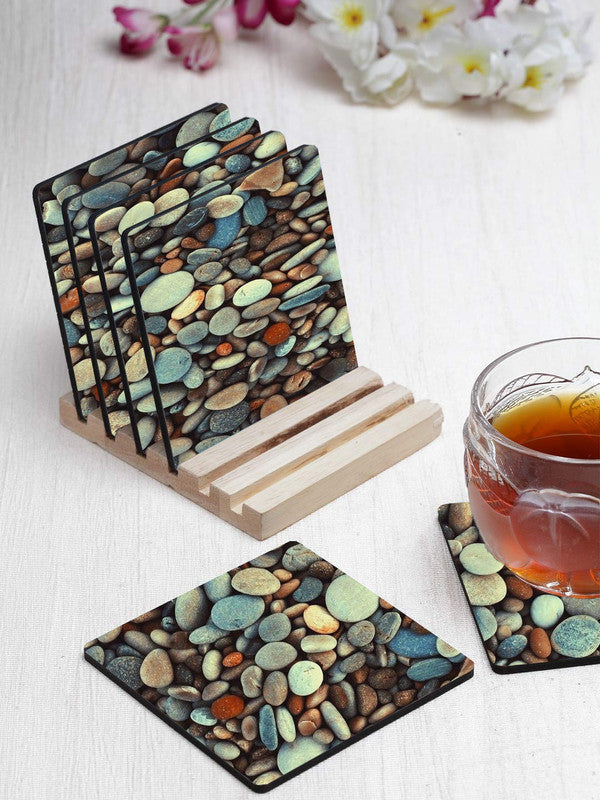 Printed Multi - Pebbles Pattern Designer Printed Square Tea Coasters With Stand (MDF Wooden, Set Of 6 Pieces Coaster And 1 Stand)