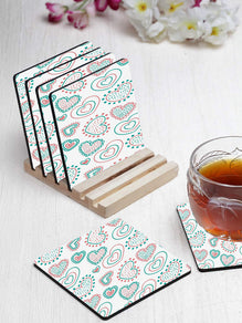 Valentine Pattern Designer Printed Square Tea Coasters With Stand (MDF Wooden, Set Of 6 Pieces Coaster And 1 Stand)