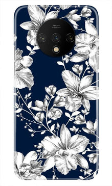 White flowers Blue Background Mobile Back Case for OnePlus 7T (Design - 14)