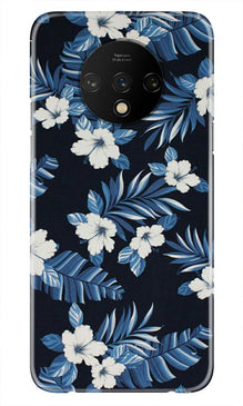 White flowers Blue Background2 Mobile Back Case for OnePlus 7T (Design - 15)