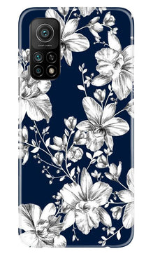 White flowers Blue Background Mobile Back Case for Mi 10T (Design - 14)