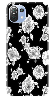 White flowers Black Background Mobile Back Case for Mi 11 Lite 5G  (Design - 9)