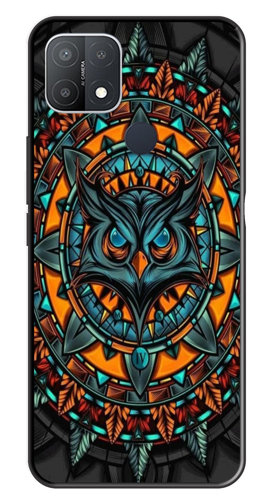 Owl Pattern Metal Mobile Case for Oppo A15   (Design No -42)