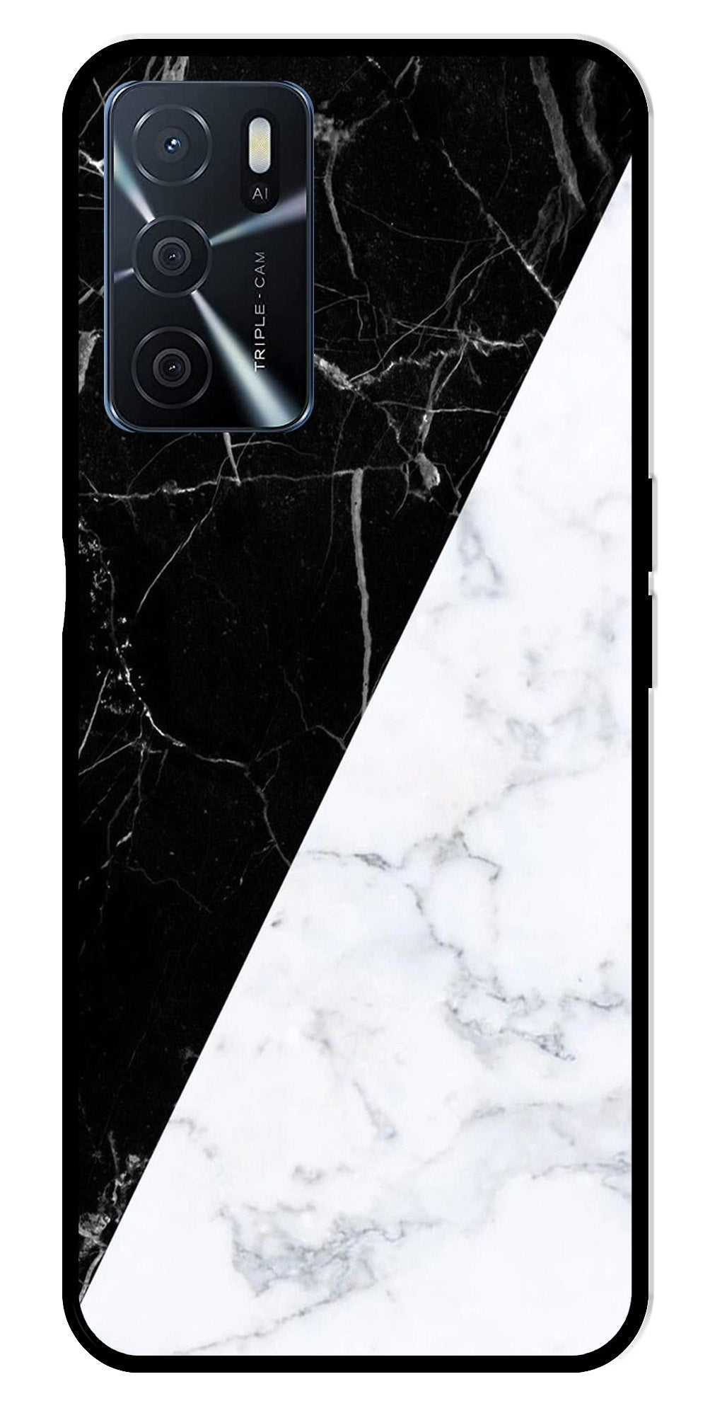 Black White Marble Design Metal Mobile Case for Oppo A16   (Design No -09)