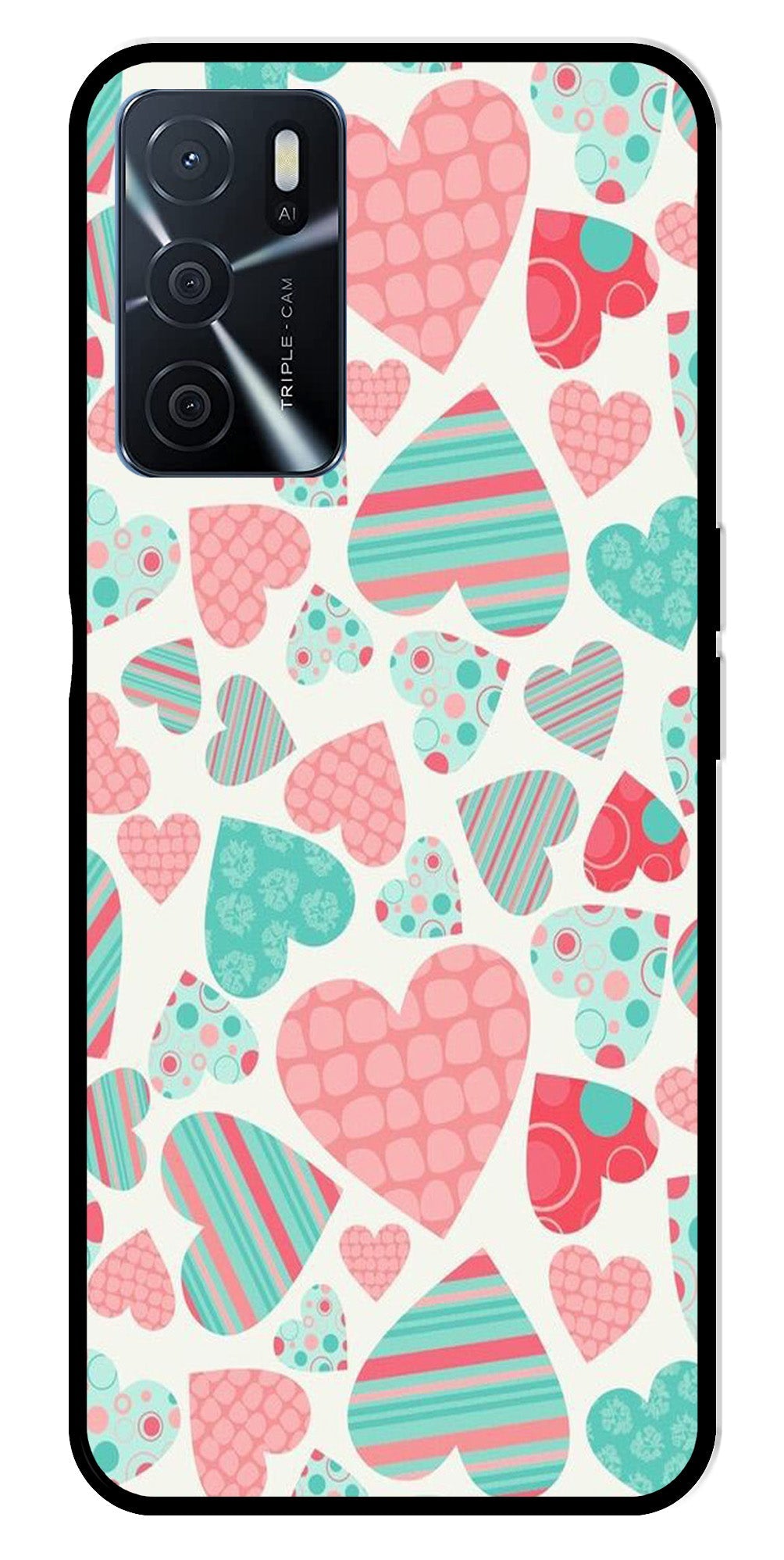 Hearts Pattern Metal Mobile Case for Oppo A16   (Design No -22)
