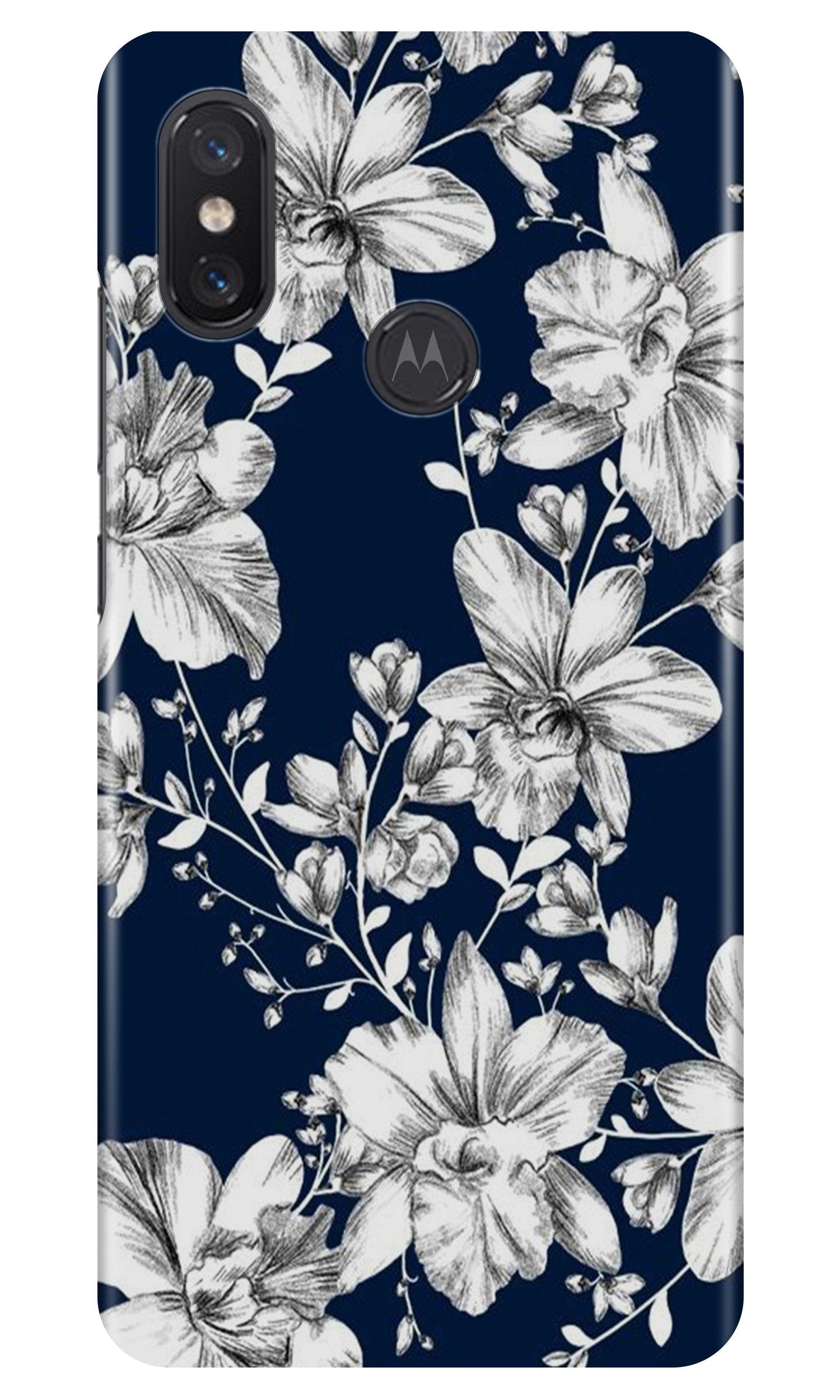 White flowers Blue Background Case for Moto One Power