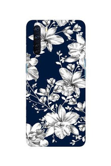 White flowers Blue Background Mobile Back Case for Oppo F15 (Design - 14)