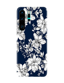 White flowers Blue Background Mobile Back Case for Huawei P30 Pro (Design - 14)
