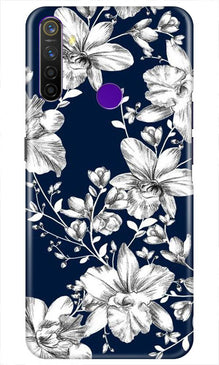 White flowers Blue Background Mobile Back Case for Realme 5i (Design - 14)