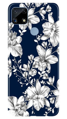 White flowers Blue Background Mobile Back Case for Realme C25 (Design - 14)