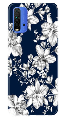 White flowers Blue Background Mobile Back Case for Redmi 9 Power (Design - 14)