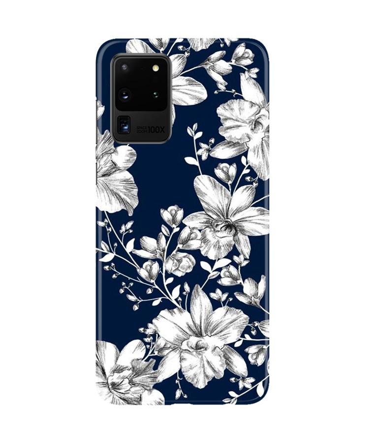 White flowers Blue Background Case for Galaxy S20 Ultra