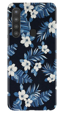 White flowers Blue Background2 Mobile Back Case for Samsung Galaxy A21 (Design - 15)