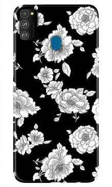 White flowers Black Background Mobile Back Case for Samsung Galaxy M21 (Design - 9)