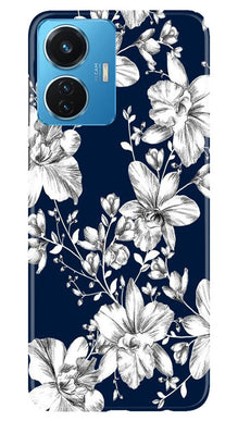 White flowers Blue Background Mobile Back Case for Vivo T1 44W (Design - 14)