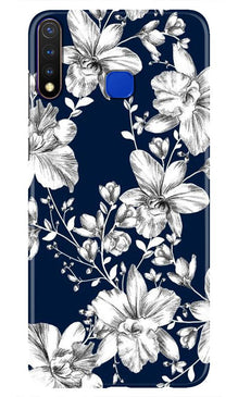 White flowers Blue Background Mobile Back Case for Vivo Y19 (Design - 14)