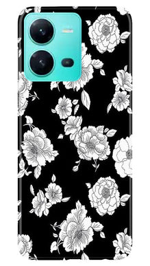 White flowers Black Background Mobile Back Case for Vivo V25 5G (Design - 9)