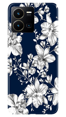 White flowers Blue Background Mobile Back Case for Vivo Y35 (Design - 14)