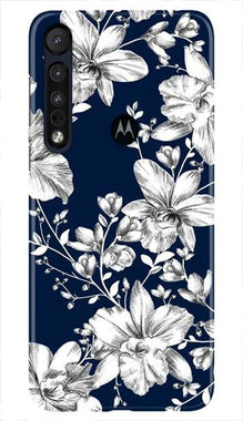 White flowers Blue Background Mobile Back Case for Moto One Macro (Design - 14)
