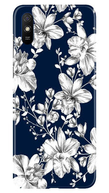 White flowers Blue Background Mobile Back Case for Xiaomi Redmi 9a (Design - 14)