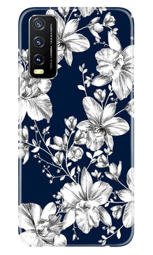 White flowers Blue Background Mobile Back Case for Vivo Y20i (Design - 14)