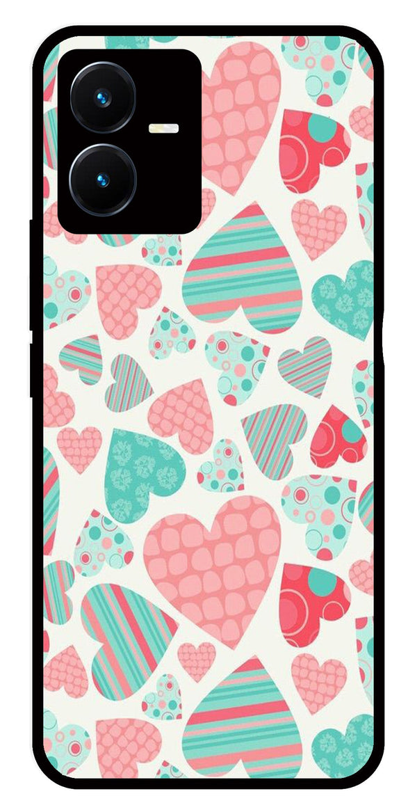 Hearts Pattern Metal Mobile Case for Vivo Y22s   (Design No -22)